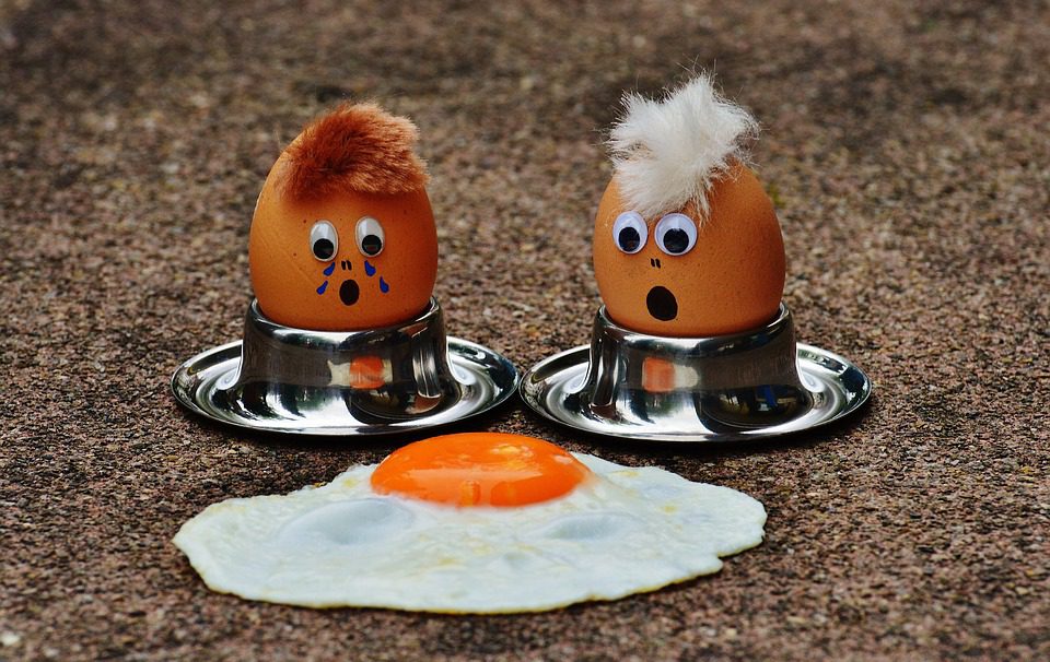 2 whole eggs looking at a sunny side up egg