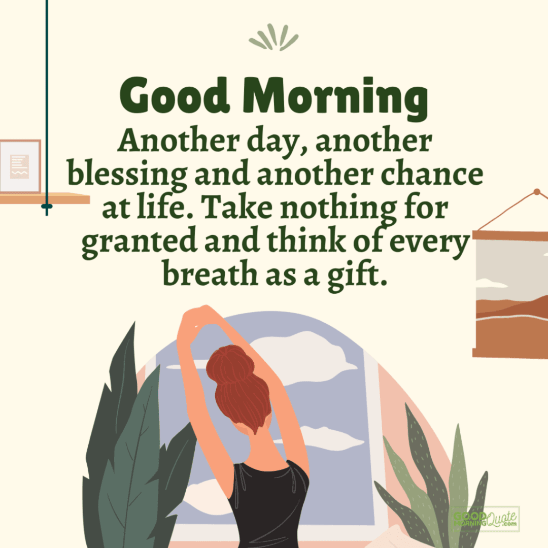 another day another blessing morning inspirational quote, girl yoga green plants white background