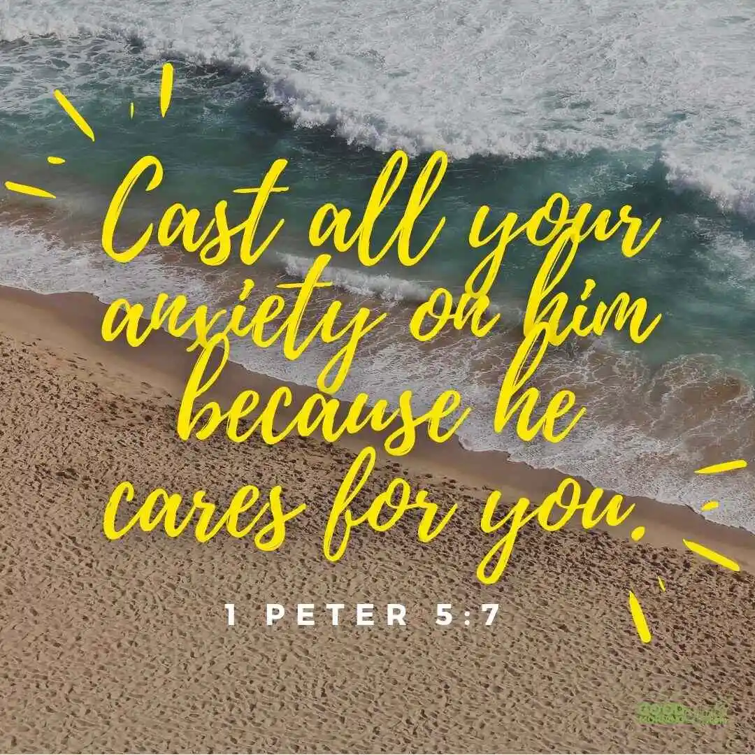 cast all your anxiety on him bible verse - 1 Peter 5:7 with ocean background