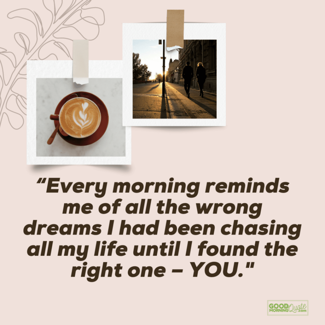 chasing dream morning love quote, coffee couple polaroid pictures, pink background