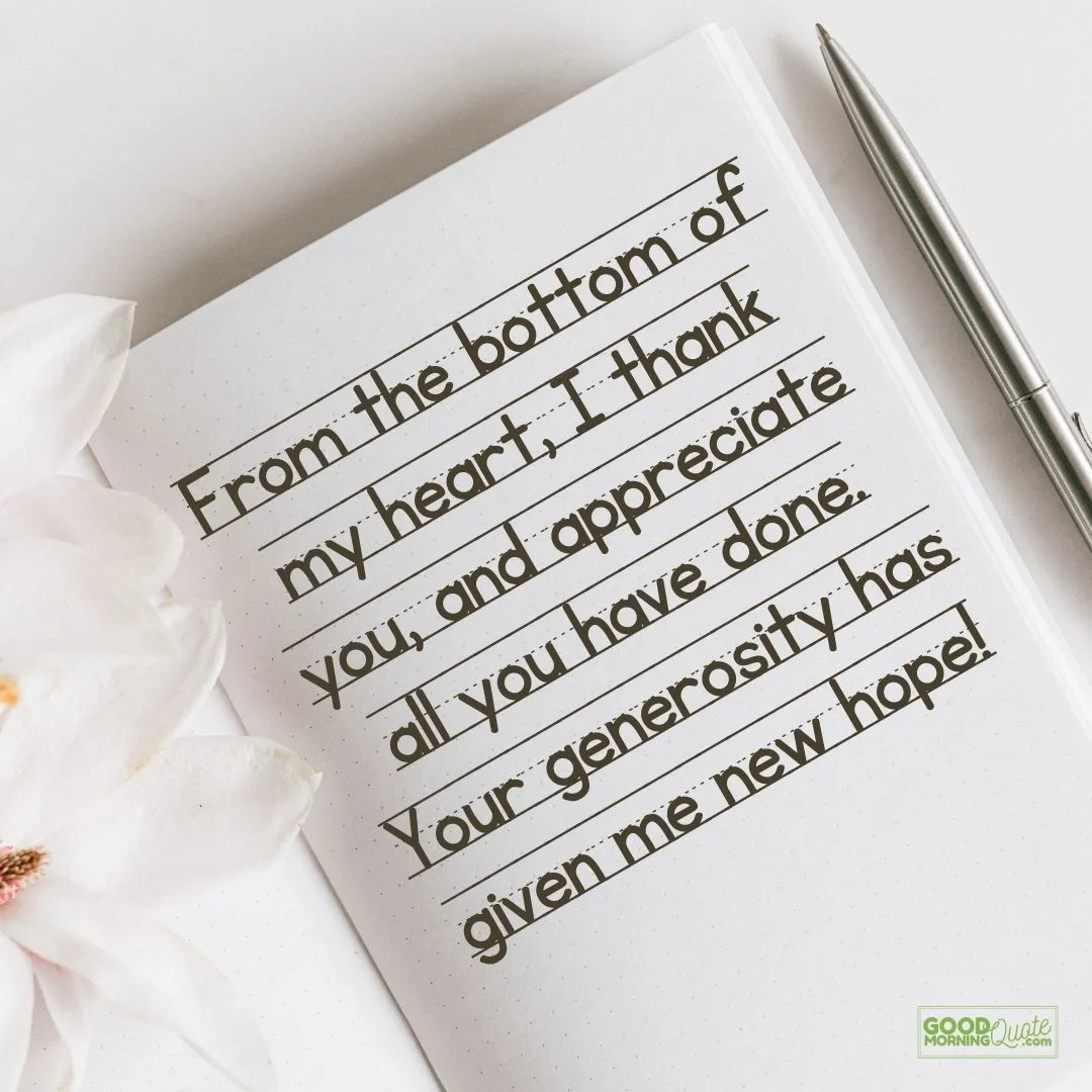 "from the bottom of my heart" thank you quote on a notebook with pen and flower on white background