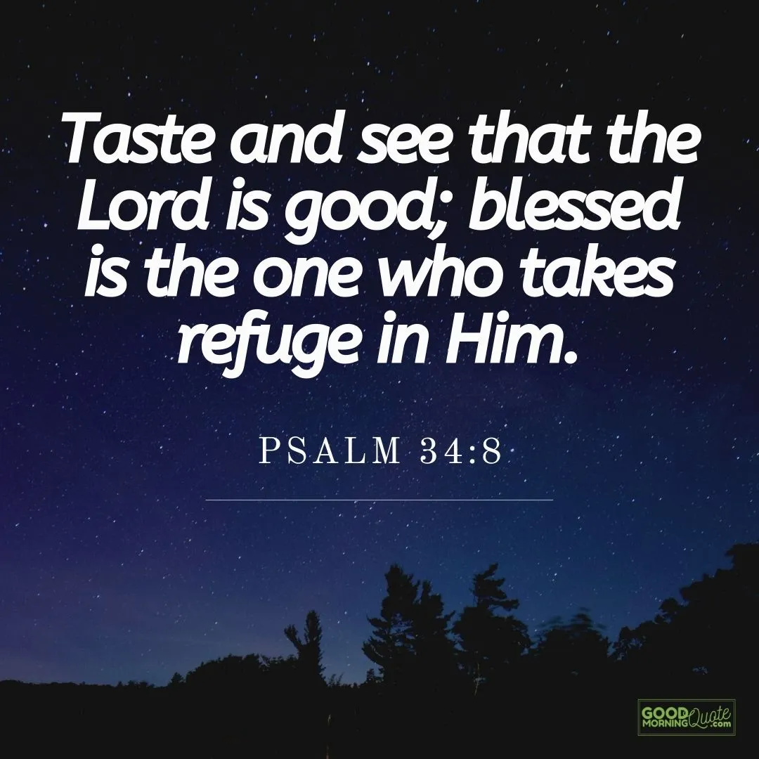 "taste and see that the Lord is good" bible verse - Psalm 34:8 on blue night sky background