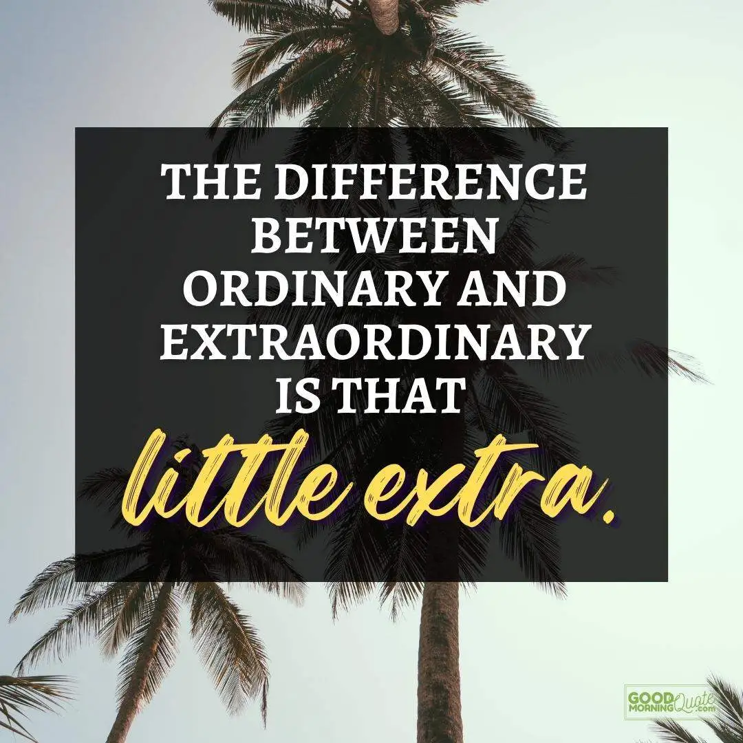 the difference between ordinary and extraordinary happy positive quote with coconut trees and sky background