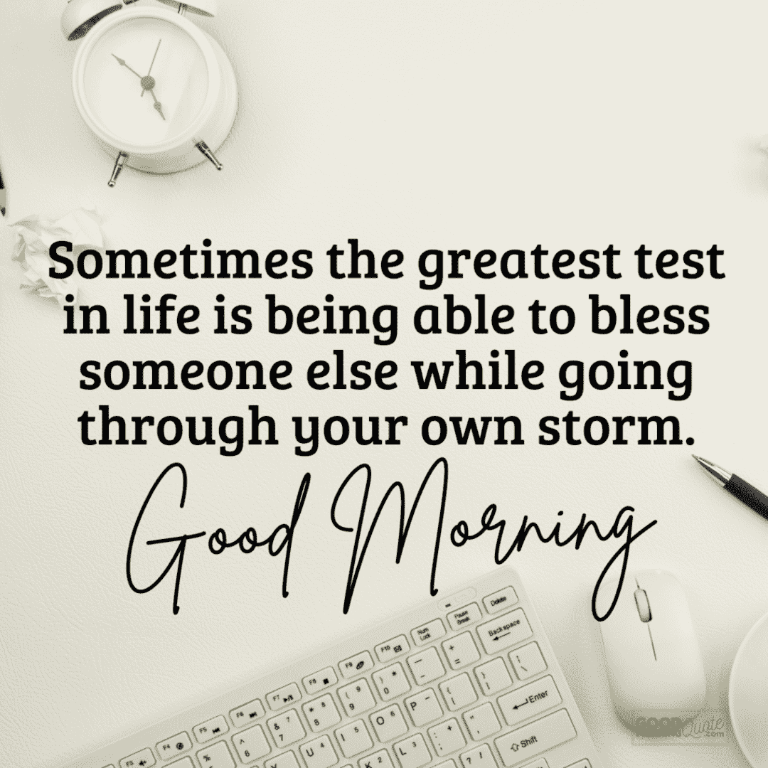 the greatest test in life morning inspirational quote, alarm clock keyboard mouse pen white cream background