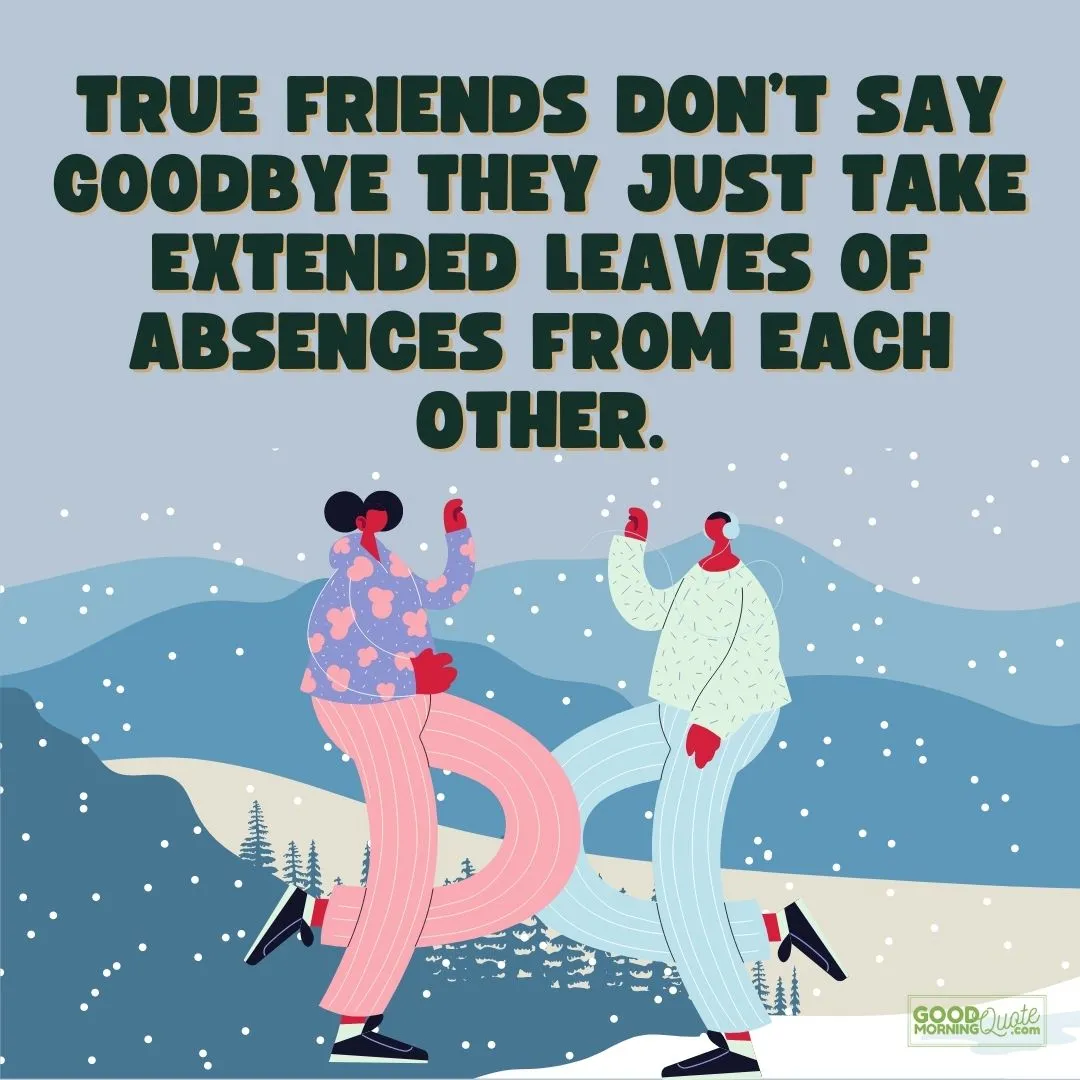 "true friends don't say goodbye" farewell quote with mountains on the background
