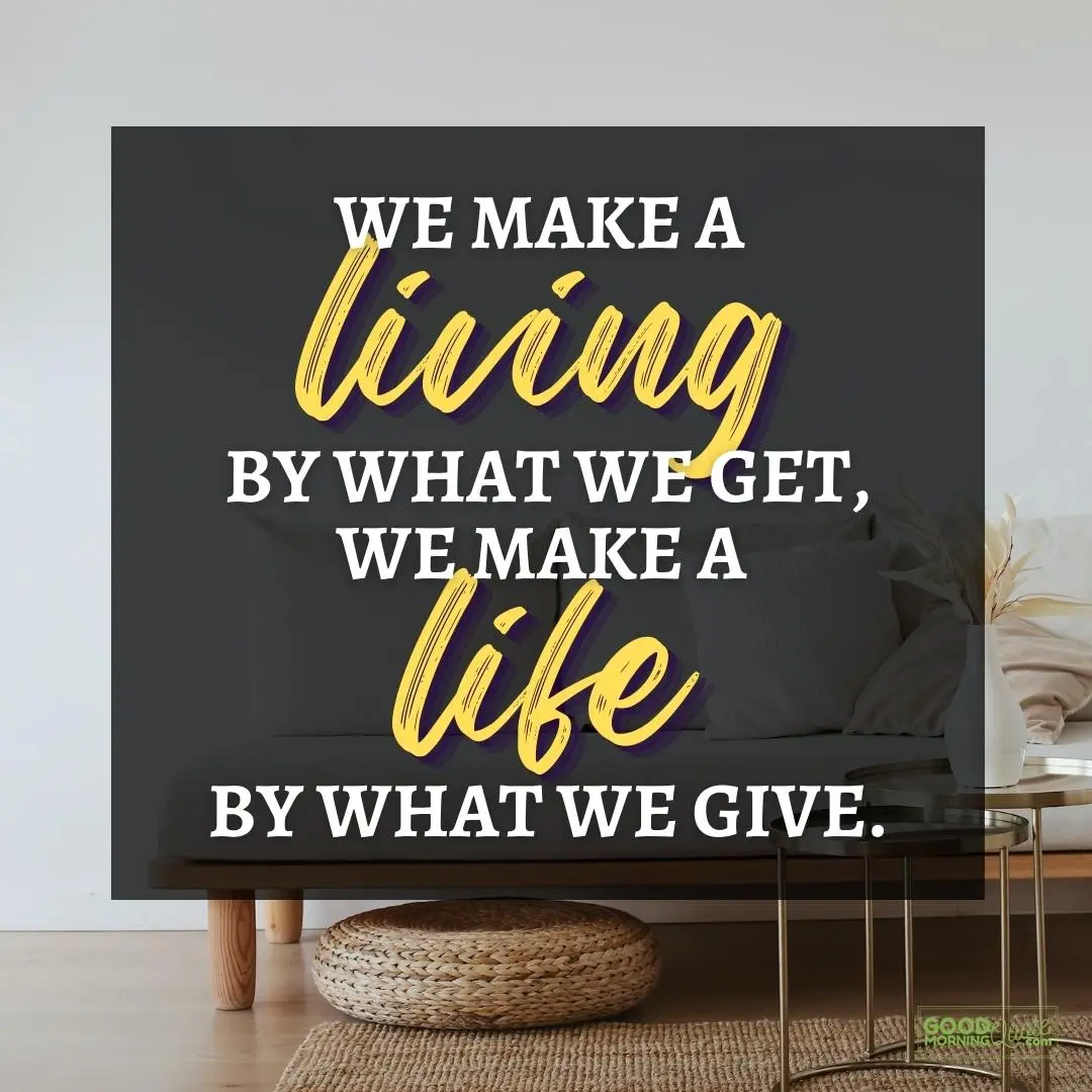 we make a living happy positive quote with living room, sofa, pillows background