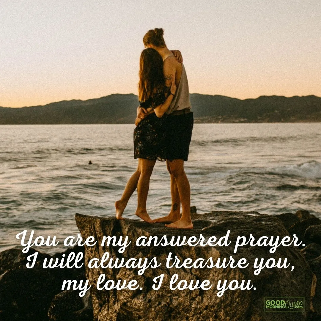 you are my answered prayer unique love quote with couple hugging each other on the beach