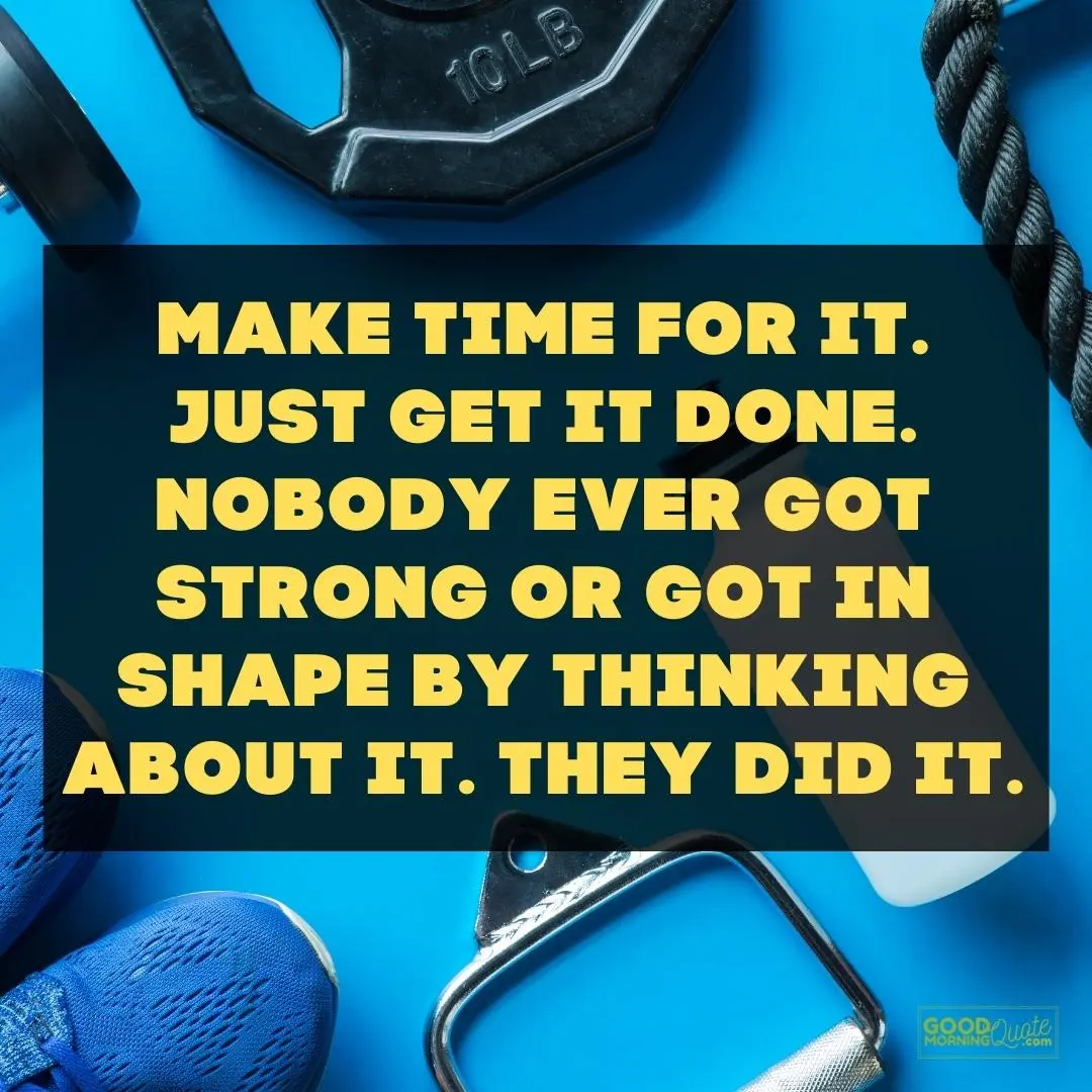 make time for it gym motivational quote with gym equipment on blue background