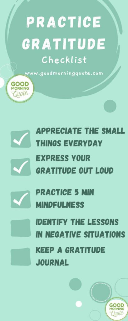 Infographic showing 5 practical tips to Practice Gratitude as a Checklist, created by Goodmorningquote.com