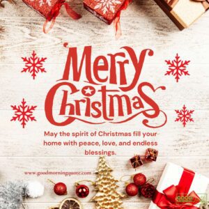 A Christmas card with gifts and a Christmas quote that says: Warmest holiday wishes to you and your family! May the spirit of Christmas fill your home with peace